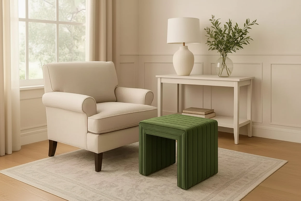 Moderno pouf piccolo rettangolare, poggiapiedi imbottito, sgabello da trucco per camera da letto, soggiorno