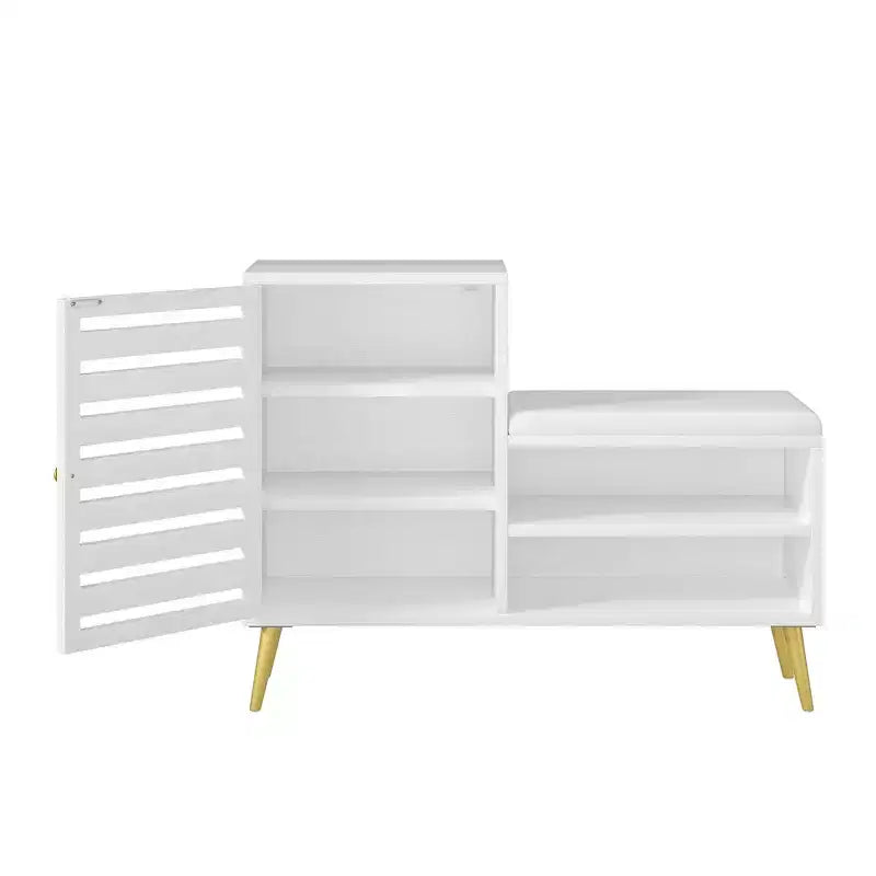 Panca Scarpiera con Contenitore e Ripiano Regolabile, Panca da Ingresso con Cuscino Imbottito Rimovibile, Anta a Persiana, Nero/Bianco