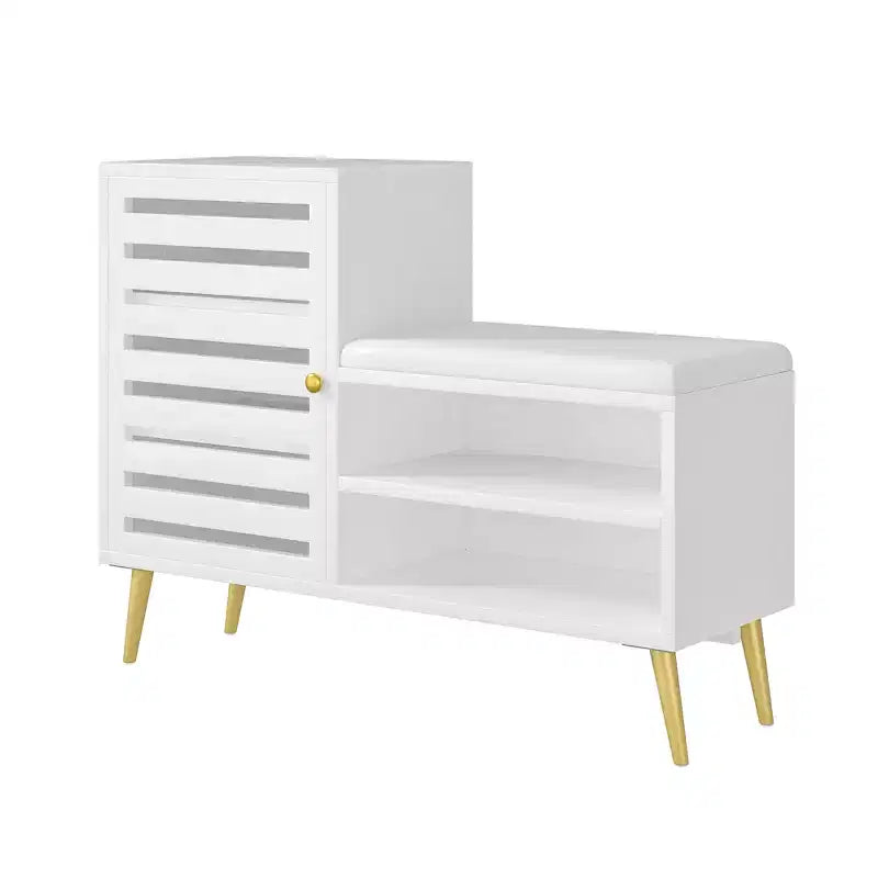 Panca Scarpiera con Contenitore e Ripiano Regolabile, Panca da Ingresso con Cuscino Imbottito Rimovibile, Anta a Persiana, Nero/Bianco