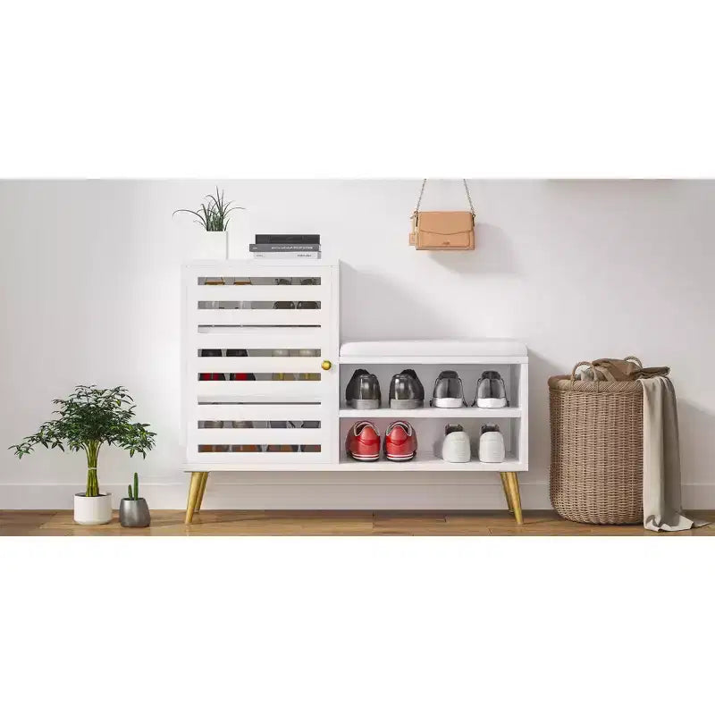 Panca Scarpiera con Contenitore e Ripiano Regolabile, Panca da Ingresso con Cuscino Imbottito Rimovibile, Anta a Persiana, Nero/Bianco