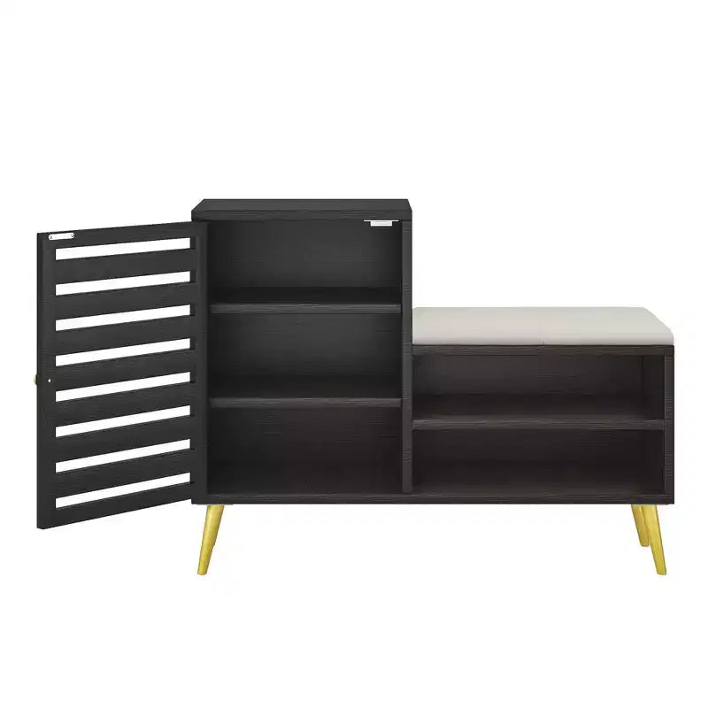 Panca Scarpiera con Contenitore e Ripiano Regolabile, Panca da Ingresso con Cuscino Imbottito Rimovibile, Anta a Persiana, Nero/Bianco