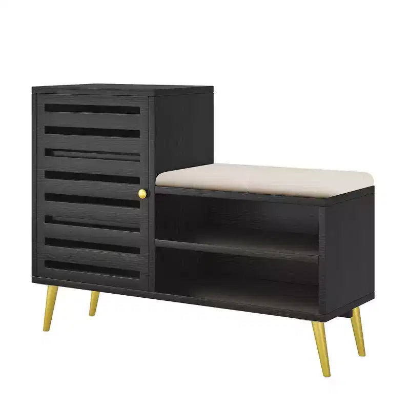 Panca Scarpiera con Contenitore e Ripiano Regolabile, Panca da Ingresso con Cuscino Imbottito Rimovibile, Anta a Persiana, Nero/Bianco