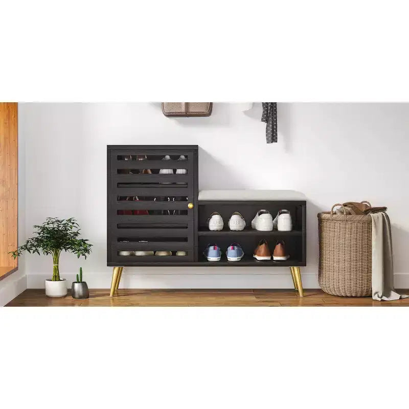 Panca Scarpiera con Contenitore e Ripiano Regolabile, Panca da Ingresso con Cuscino Imbottito Rimovibile, Anta a Persiana, Nero/Bianco