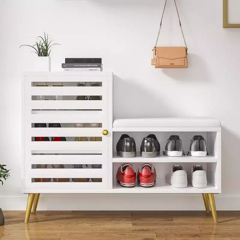 Panca Scarpiera con Contenitore e Ripiano Regolabile, Panca da Ingresso con Cuscino Imbottito Rimovibile, Anta a Persiana, Nero/Bianco