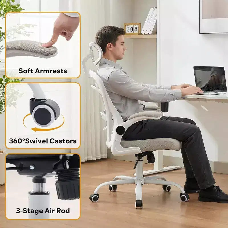 Sedia da Ufficio Ergonomica, Sedia da Scrivania Comoda con Braccioli Ribaltabili, Sedie Gaming con Supporto Lombare Confortevole per Camera da Letto, Studio, Studenti, Sedile Ampio