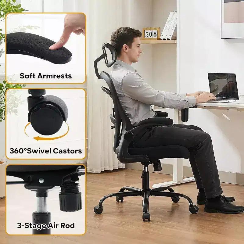 Sedia da Ufficio Ergonomica, Sedia da Scrivania Comoda con Braccioli Ribaltabili, Sedie Gaming con Supporto Lombare Confortevole per Camera da Letto, Studio, Studenti, Sedile Ampio