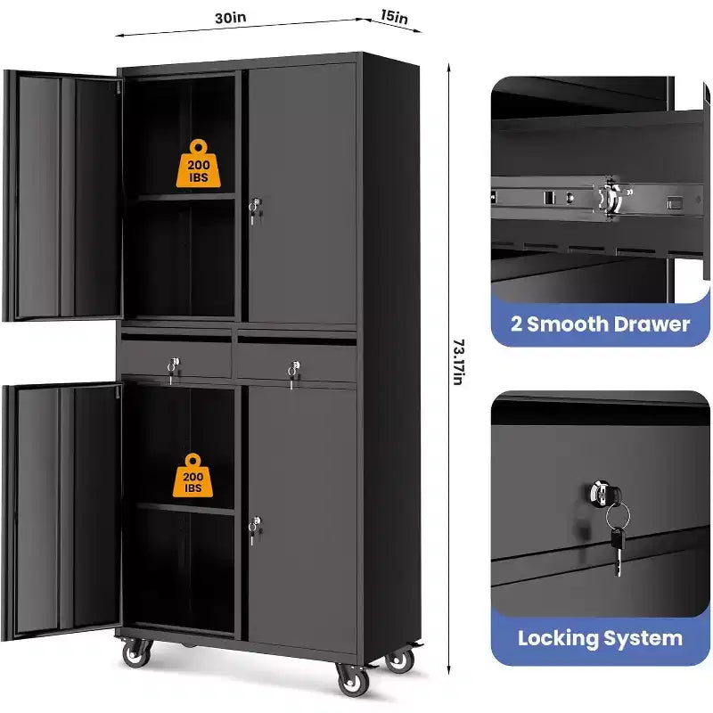 Armadio Porta Utensili da Garage, 185 cm in Metallo con 2 Cassetti, Armadietto Portautensili Robusto con Ante Bloccabili e Ripiani Regolabili