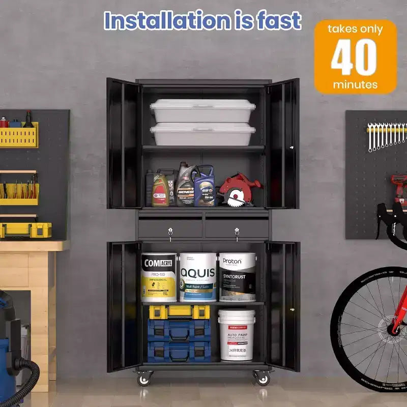 Armadio Porta Utensili da Garage, 185 cm in Metallo con 2 Cassetti, Armadietto Portautensili Robusto con Ante Bloccabili e Ripiani Regolabili