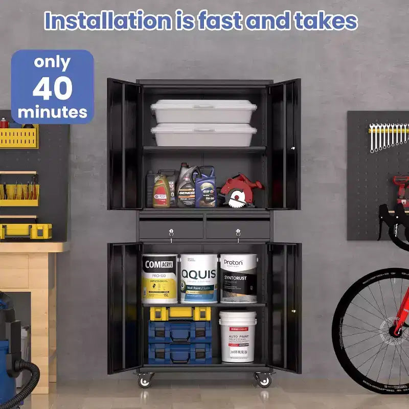 Armadio Porta Utensili da Garage, 185 cm in Metallo con 2 Cassetti, Armadietto Portautensili Robusto con Ante Bloccabili e Ripiani Regolabili