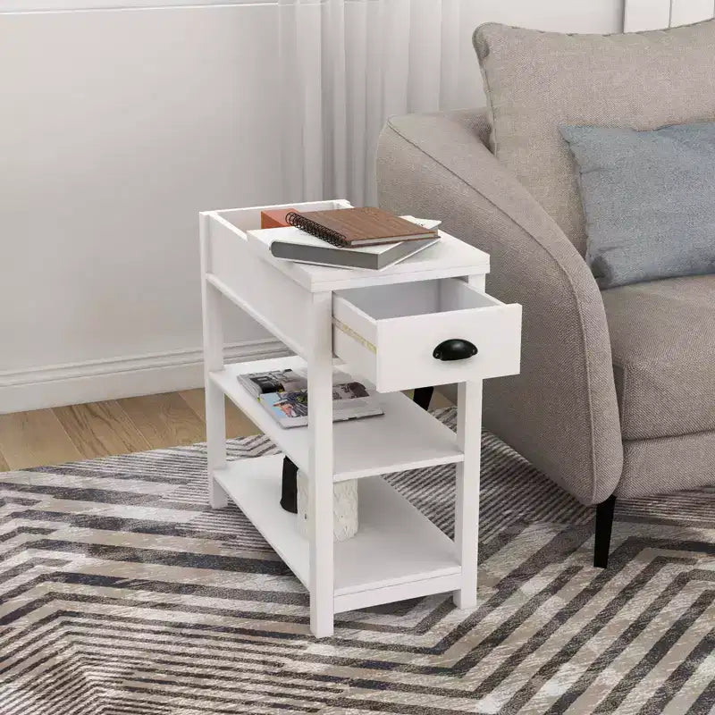Tavolino stretto, design ribaltabile con cassetti e divisorio inferiore, marrone