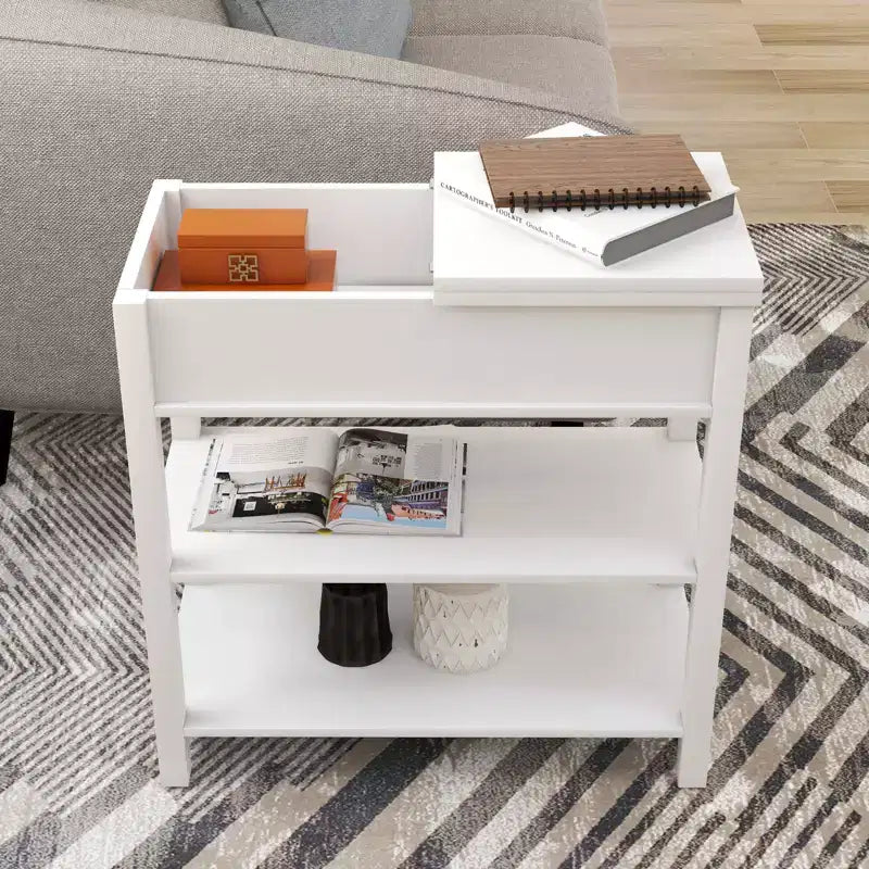 Tavolino stretto, design ribaltabile con cassetti e divisorio inferiore, marrone