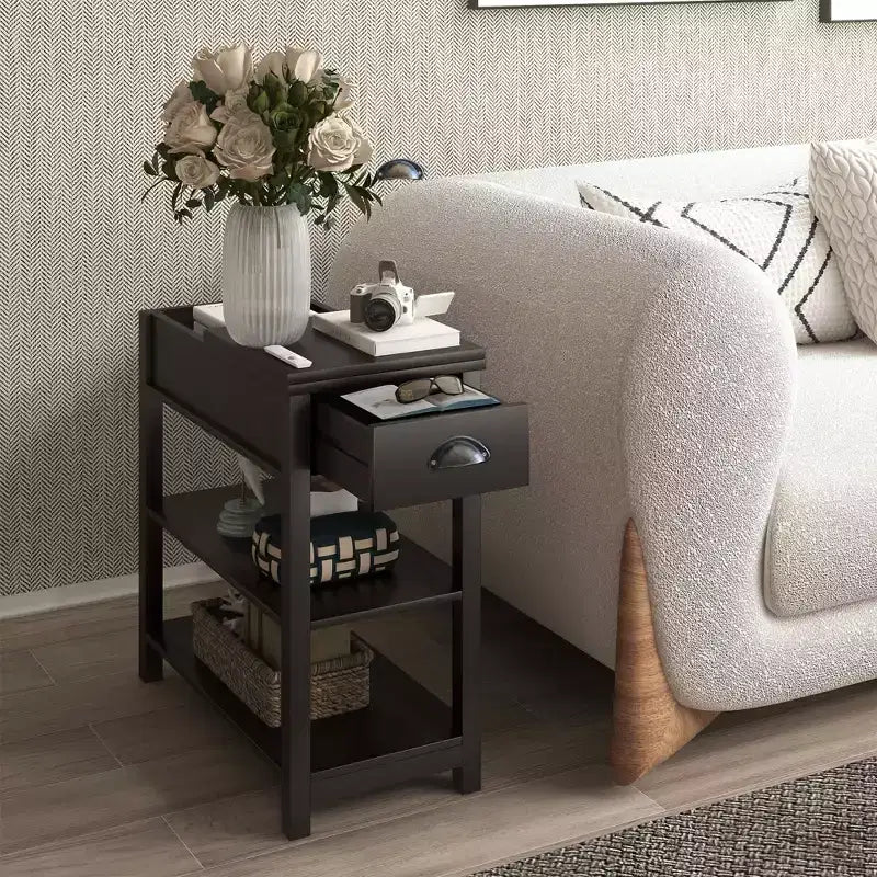 Tavolino stretto, design ribaltabile con cassetti e divisorio inferiore, marrone