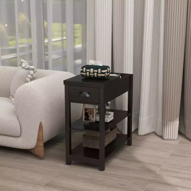 Tavolino stretto, design ribaltabile con cassetti e divisorio inferiore, marrone