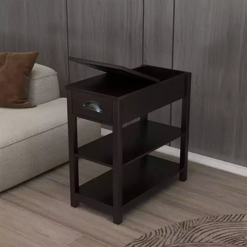 Tavolino stretto, design ribaltabile con cassetti e divisorio inferiore, marrone