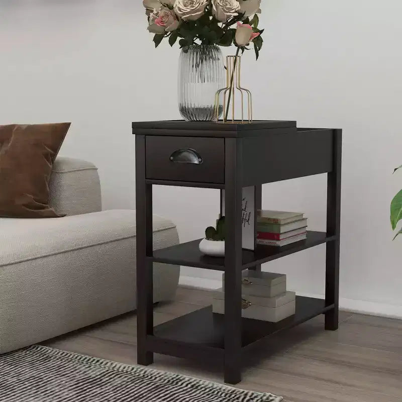 Tavolino stretto, design ribaltabile con cassetti e divisorio inferiore, marrone