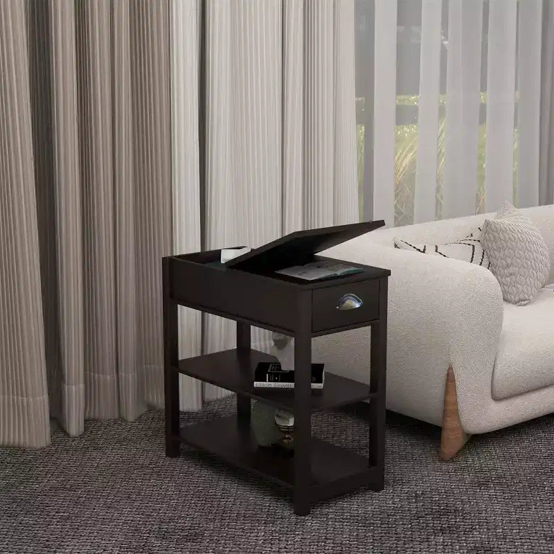 Tavolino stretto, design ribaltabile con cassetti e divisorio inferiore, marrone