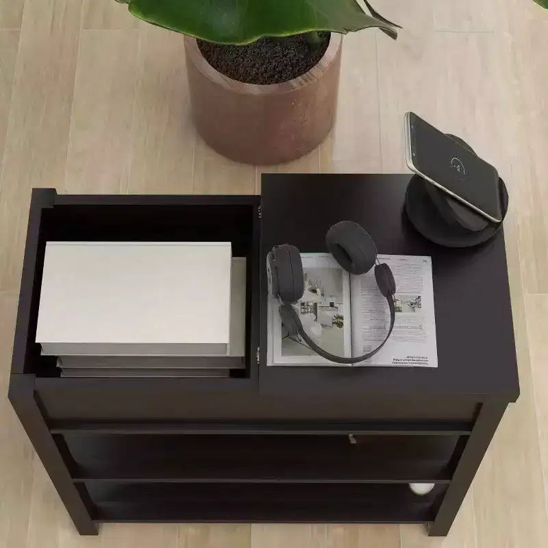 Tavolino stretto, design ribaltabile con cassetti e divisorio inferiore, marrone