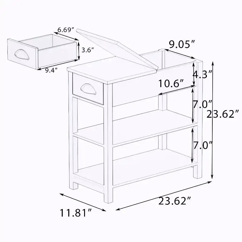 Tavolino stretto, design ribaltabile con cassetti e divisorio inferiore, marrone