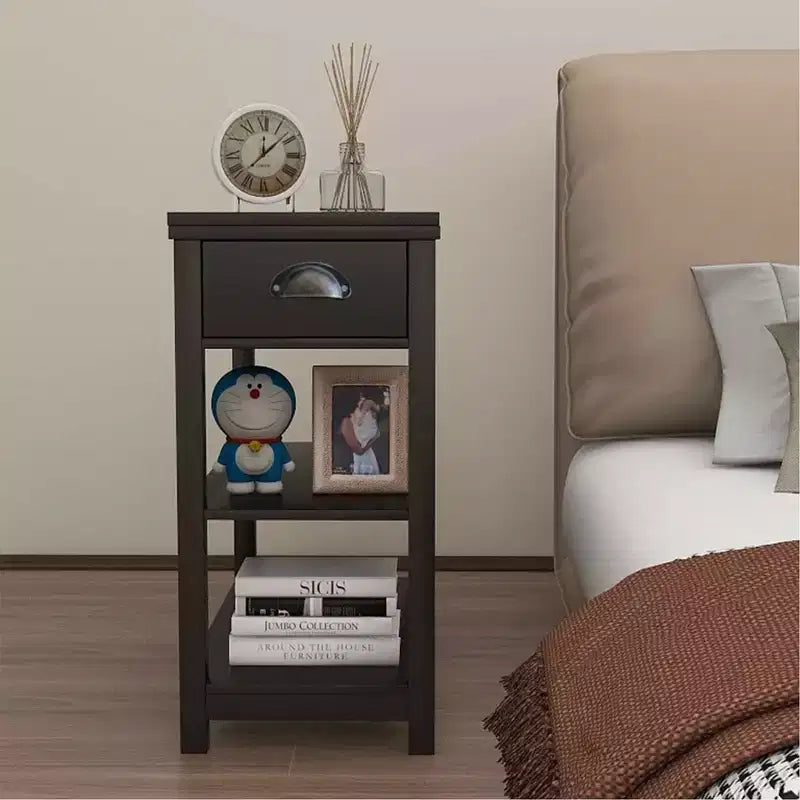 MAYEERTY Narrow Side Table, Flip Over Design with Drawers & Bottom Partition, Brown