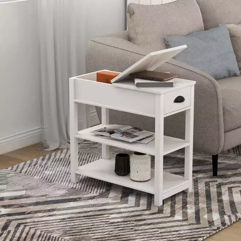 Tavolino stretto, design ribaltabile con cassetti e divisorio inferiore, marrone