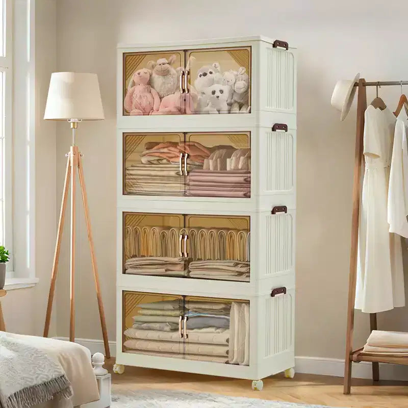 Mobiletto multi-livello impilabile con ante e ruote per l'organizzazione domestica