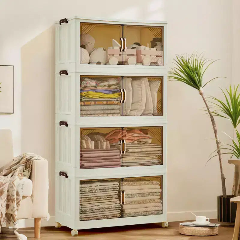 Mobiletto multi-livello impilabile con ante e ruote per l'organizzazione domestica