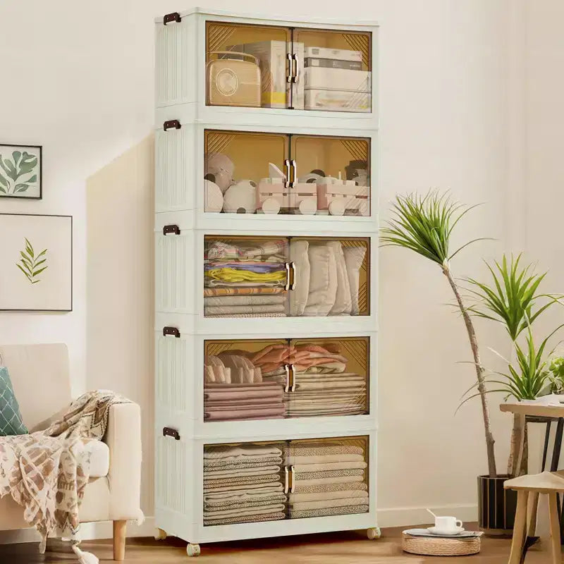 Mobiletto multi-livello impilabile con ante e ruote per l'organizzazione domestica