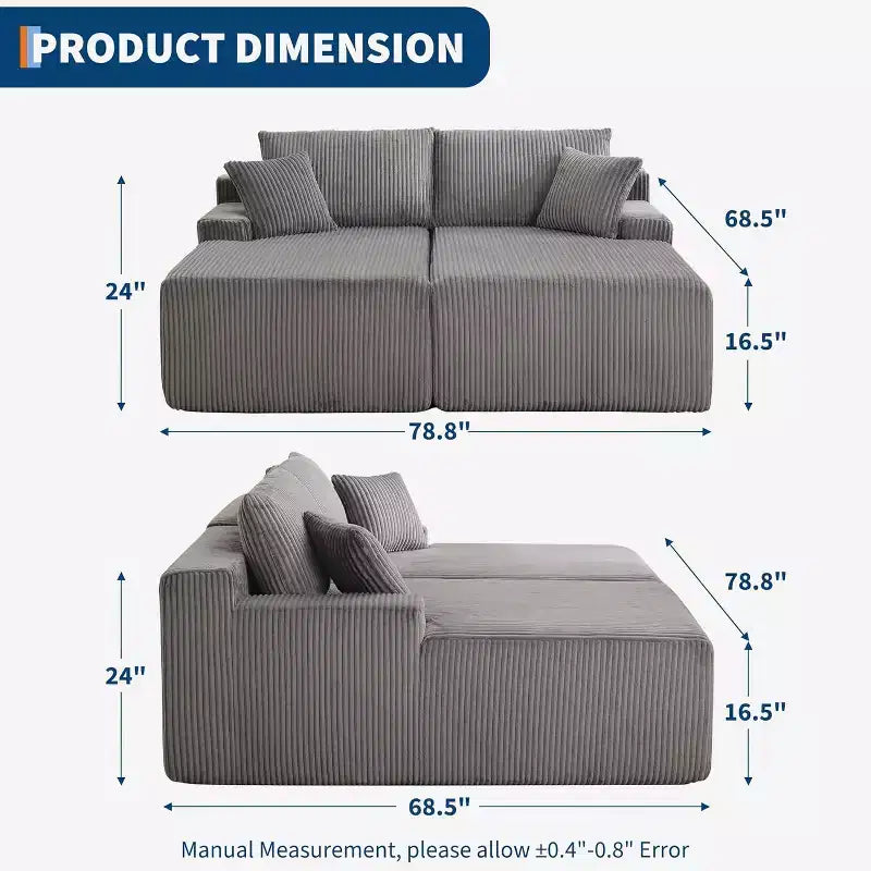Poltrona Chaise Longue Oversize, divano letto in velluto a coste Cloud doppio 79 x 69 con braccioli e 4 cuscini, seduta profonda, nessun assemblaggio richiesto