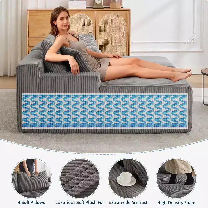 Poltrona Chaise Longue Oversize, divano letto in velluto a coste Cloud doppio 79 x 69 con braccioli e 4 cuscini, seduta profonda, nessun assemblaggio richiesto