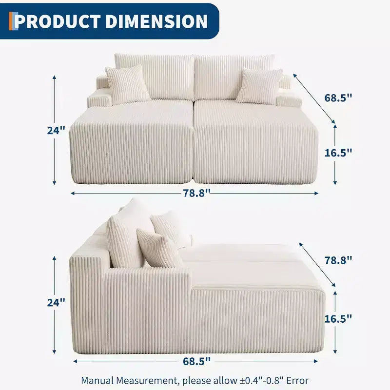 Poltrona Chaise Longue Oversize, divano letto in velluto a coste Cloud doppio 79 x 69 con braccioli e 4 cuscini, seduta profonda, nessun assemblaggio richiesto
