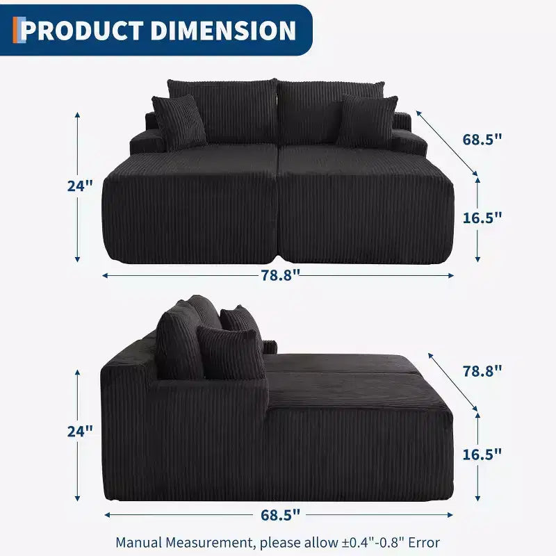 Poltrona Chaise Longue Oversize, divano letto in velluto a coste Cloud doppio 79 x 69 con braccioli e 4 cuscini, seduta profonda, nessun assemblaggio richiesto