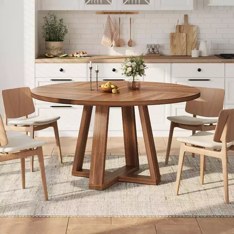 Tavolo da pranzo rotondo da 47 pollici, per 4-6 persone, stile rustico con base a croce in legno, per soggiorno e sala da pranzo