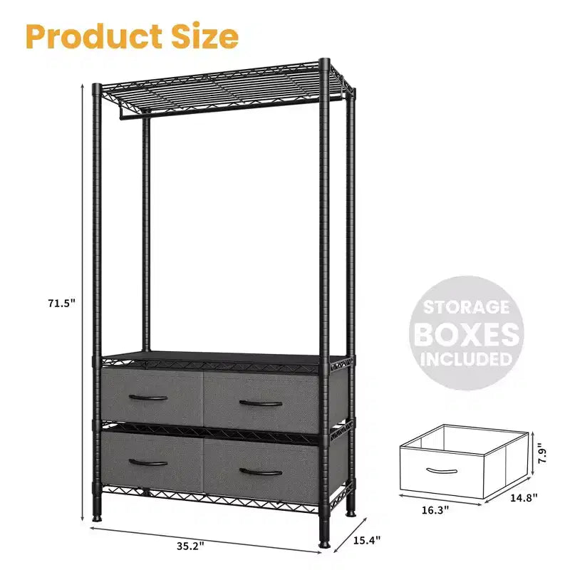 Appendiabiti in metallo, stand appendiabiti autoportante da 35'' con ripiani regolabili e 4 cassetti in tessuto, appendiabiti resistente