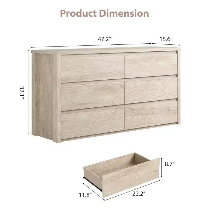 Cassettiera a 6 cassetti per camera da letto, Comò in legno largo senza maniglie, Grande cassettiera moderna per soggiorno, ingresso, corridoio