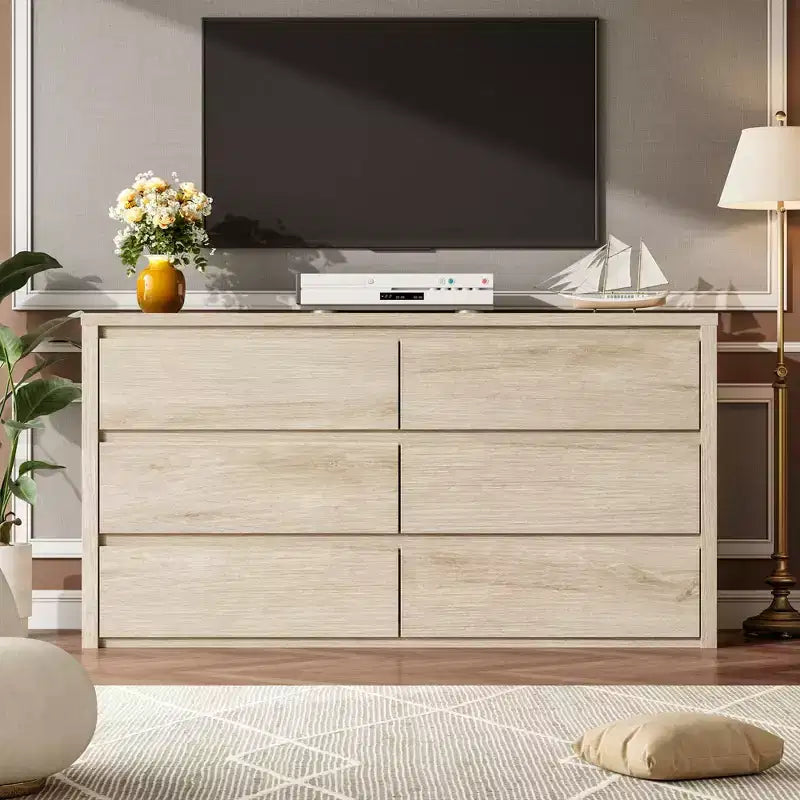 Cassettiera a 6 cassetti per camera da letto, Comò in legno largo senza maniglie, Grande cassettiera moderna per soggiorno, ingresso, corridoio