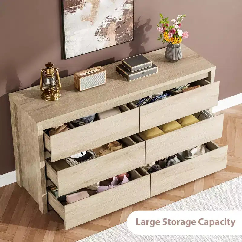 Cassettiera a 6 cassetti per camera da letto, Comò in legno largo senza maniglie, Grande cassettiera moderna per soggiorno, ingresso, corridoio