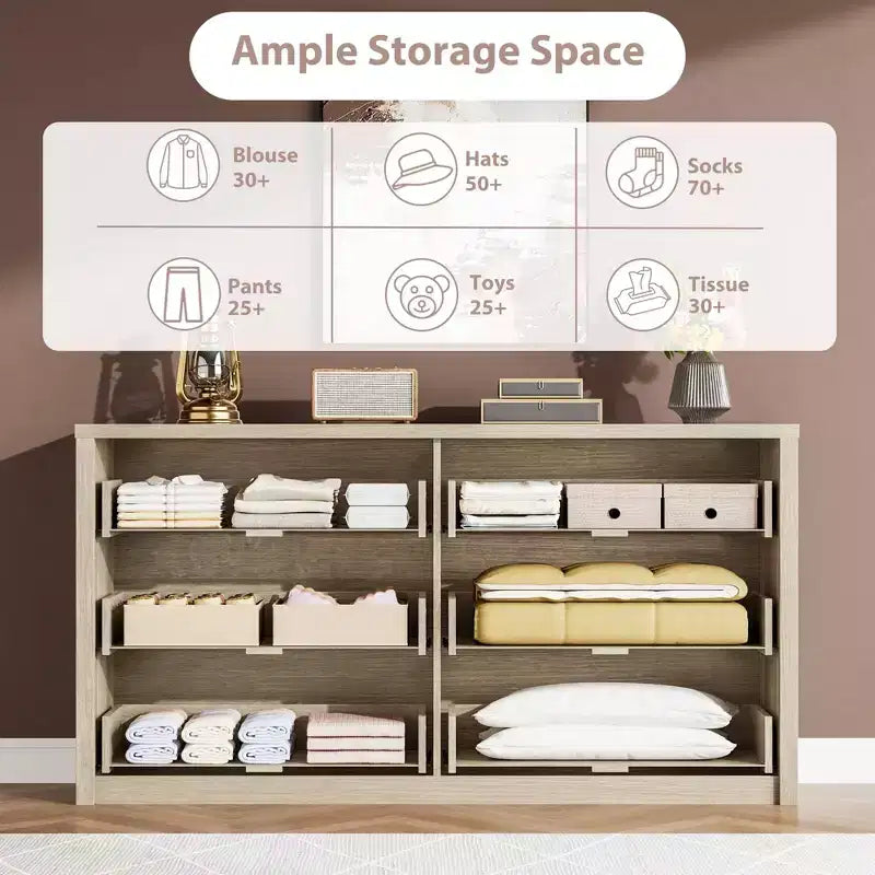 Cassettiera a 6 cassetti per camera da letto, Comò in legno largo senza maniglie, Grande cassettiera moderna per soggiorno, ingresso, corridoio