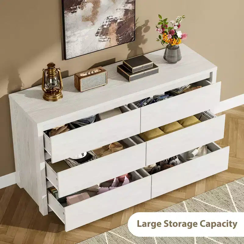 Cassettiera a 6 cassetti per camera da letto, Comò in legno largo senza maniglie, Grande cassettiera moderna per soggiorno, ingresso, corridoio