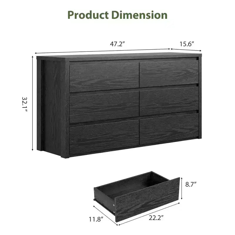 Cassettiera a 6 cassetti per camera da letto, Comò in legno largo senza maniglie, Grande cassettiera moderna per soggiorno, ingresso, corridoio