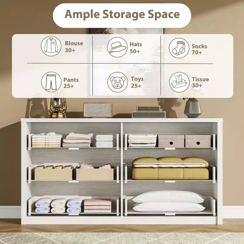 Cassettiera a 6 cassetti per camera da letto, Comò in legno largo senza maniglie, Grande cassettiera moderna per soggiorno, ingresso, corridoio