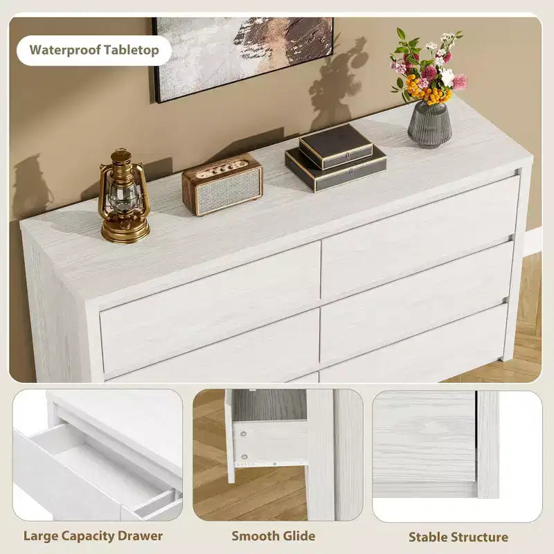 Cassettiera a 6 cassetti per camera da letto, Comò in legno largo senza maniglie, Grande cassettiera moderna per soggiorno, ingresso, corridoio