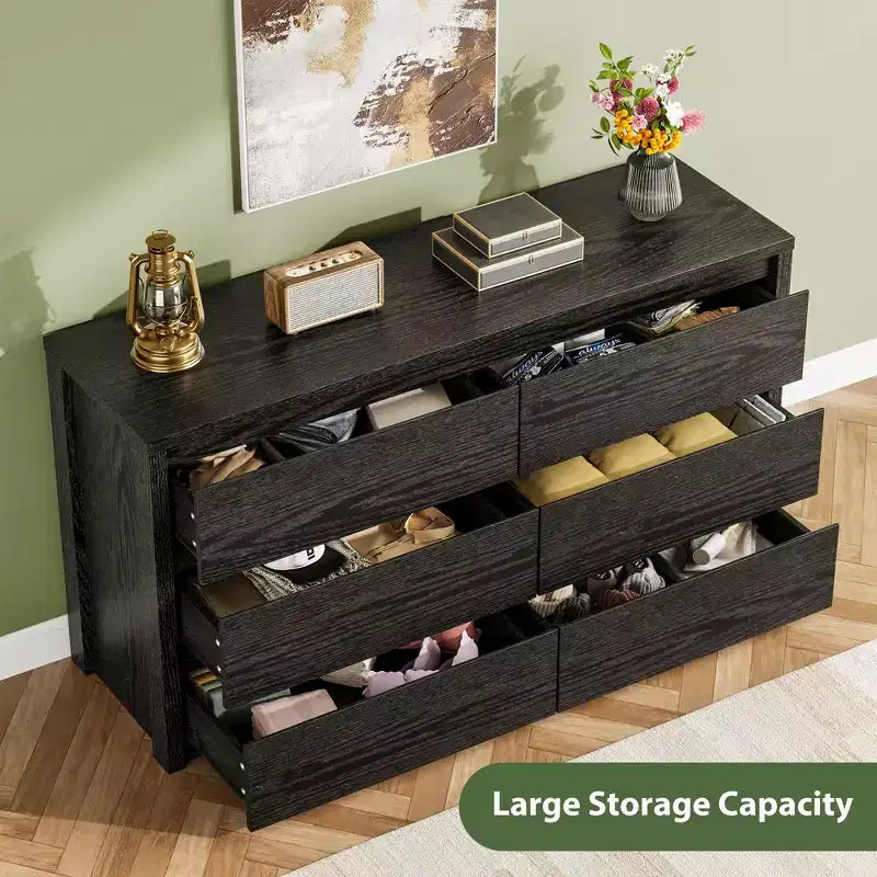 Cassettiera a 6 cassetti per camera da letto, Comò in legno largo senza maniglie, Grande cassettiera moderna per soggiorno, ingresso, corridoio