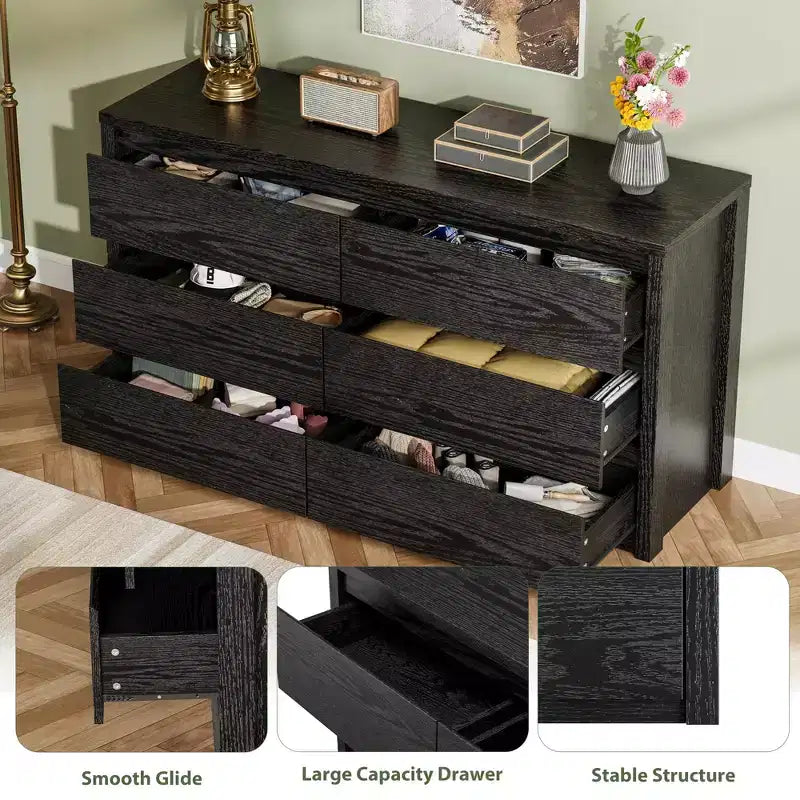 Cassettiera a 6 cassetti per camera da letto, Comò in legno largo senza maniglie, Grande cassettiera moderna per soggiorno, ingresso, corridoio