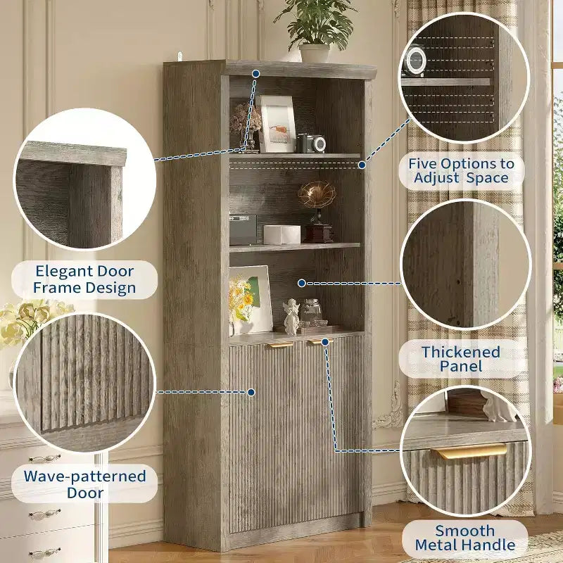 Scaffale Libreria a 5 Livelli con Ante e Ripiano Regolabile, Scaffale Moderno di Metà Secolo per Casa, Ufficio, Soggiorno