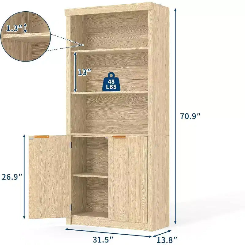 Scaffale Libreria a 5 Livelli con Ante e Ripiano Regolabile, Scaffale Moderno di Metà Secolo per Casa, Ufficio, Soggiorno