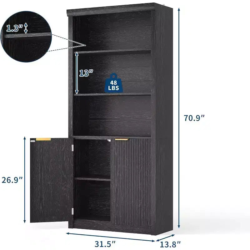 Scaffale Libreria a 5 Livelli con Ante e Ripiano Regolabile, Scaffale Moderno di Metà Secolo per Casa, Ufficio, Soggiorno