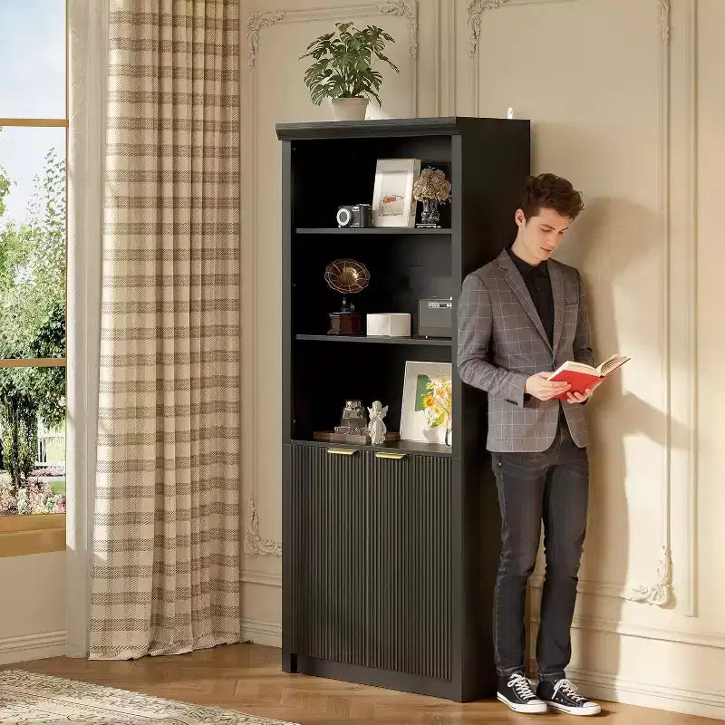 Scaffale Libreria a 5 Livelli con Ante e Ripiano Regolabile, Scaffale Moderno di Metà Secolo per Casa, Ufficio, Soggiorno