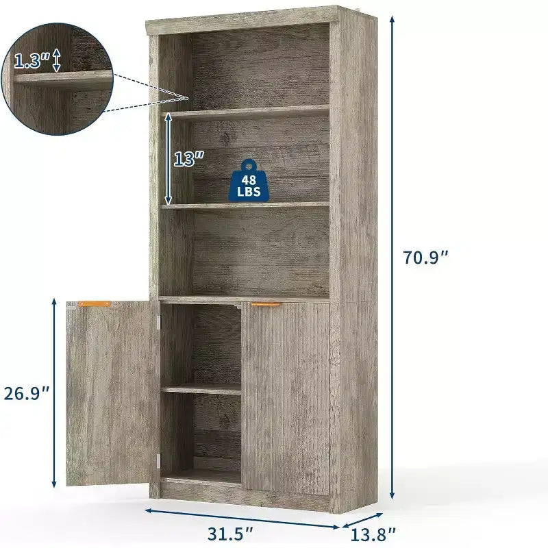 Scaffale Libreria a 5 Livelli con Ante e Ripiano Regolabile, Scaffale Moderno di Metà Secolo per Casa, Ufficio, Soggiorno