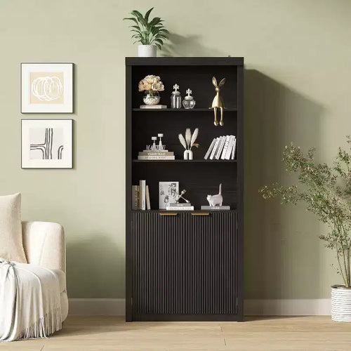 5 Tier Bookcase Display Shelves with Storage Cabinet & Adjustable Shelf, Mid-Century Modern Bookshelves for Home Office, Living Room