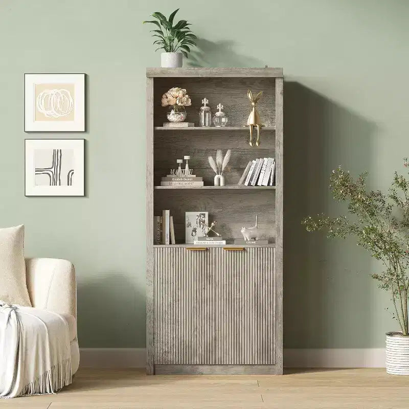 Scaffale Libreria a 5 Livelli con Ante e Ripiano Regolabile, Scaffale Moderno di Metà Secolo per Casa, Ufficio, Soggiorno